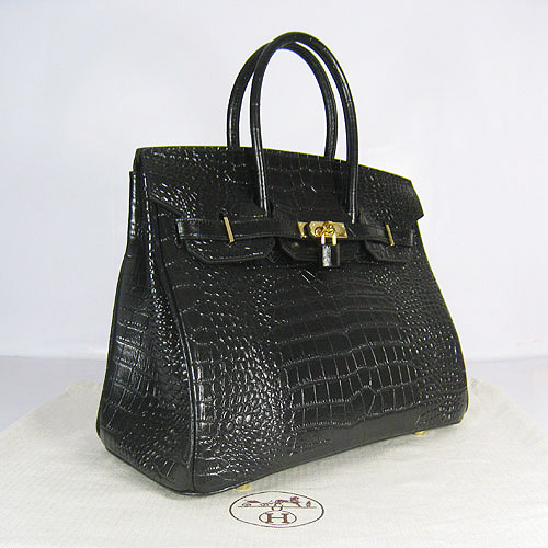 High Quality Fake Hermes Birkin 35cm Crocodile Veins Bag Black 6089